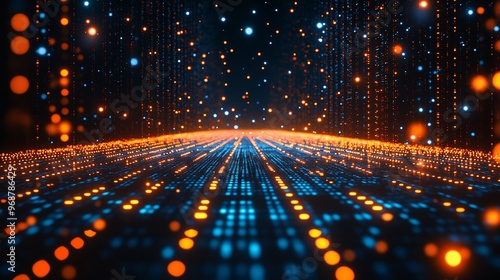 Quantum computing concept visual with glowing qubits and dynamic particles flowing in a high-tech abstract background futuristic data science Large space for text in center Stock photo with copy space