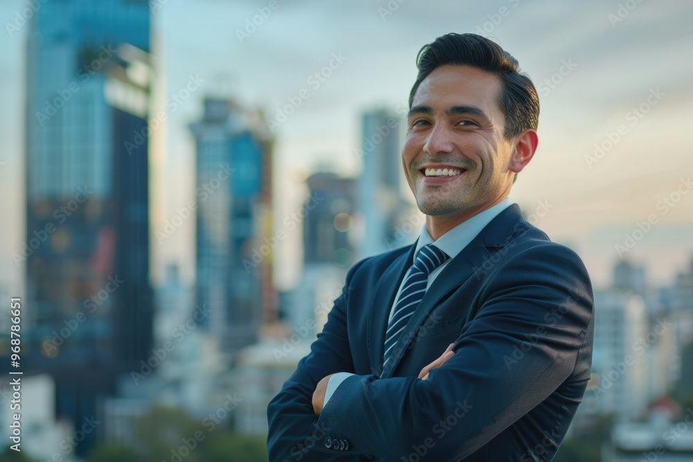 Happy Hispanic businessman smiling in the city. Happy Hispanic businessman smiling in the city.