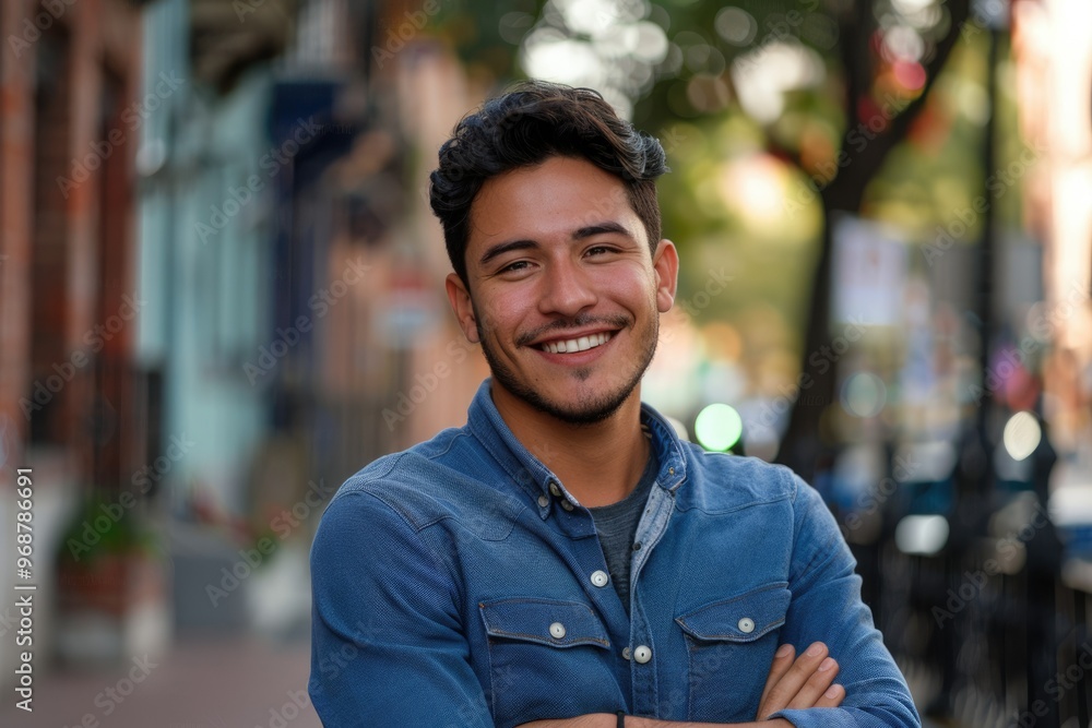 Fototapeta premium Confident young Hispanic man smiling on street.