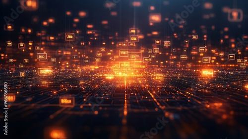 Cyber matrix of encrypted data and floating locks representing protection and cybersecurity advanced tech and network safety Large space for text in center Stock photo with copy space