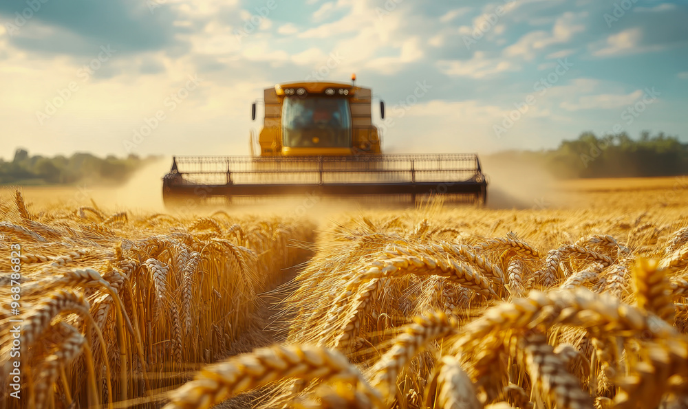 Combine harvester in a golden wheat field during harvest under the warm sunlight Combine harvester in a golden wheat field during harvest under the warm sunlight