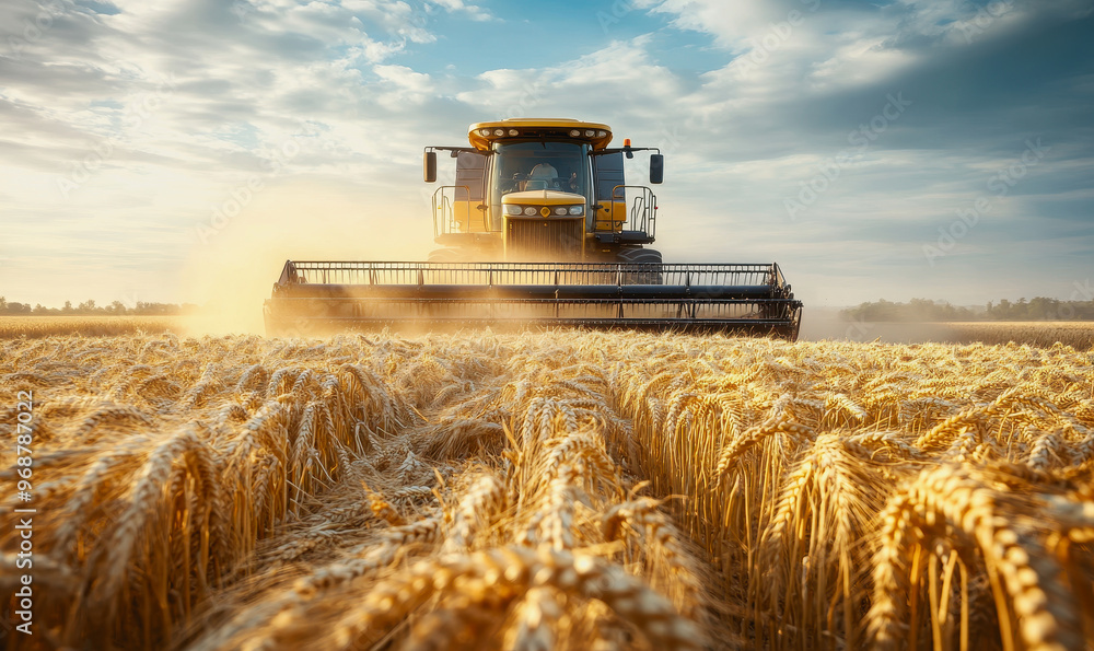 Combine harvester in a golden wheat field during harvest under the warm sunlight Combine harvester in a golden wheat field during harvest under the warm sunlight