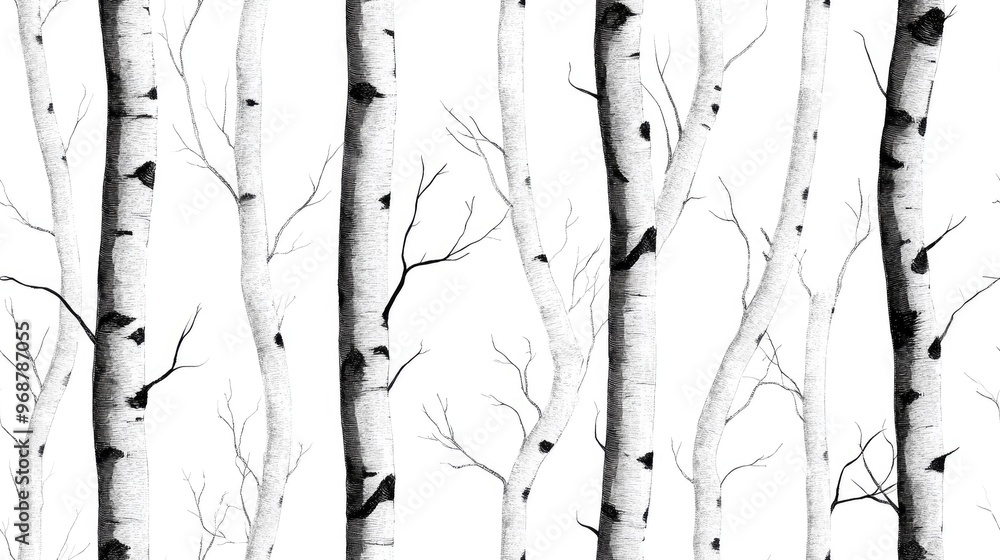 Fototapeta premium Seamless pattern of black and white dead birch or aspen trees in winter background