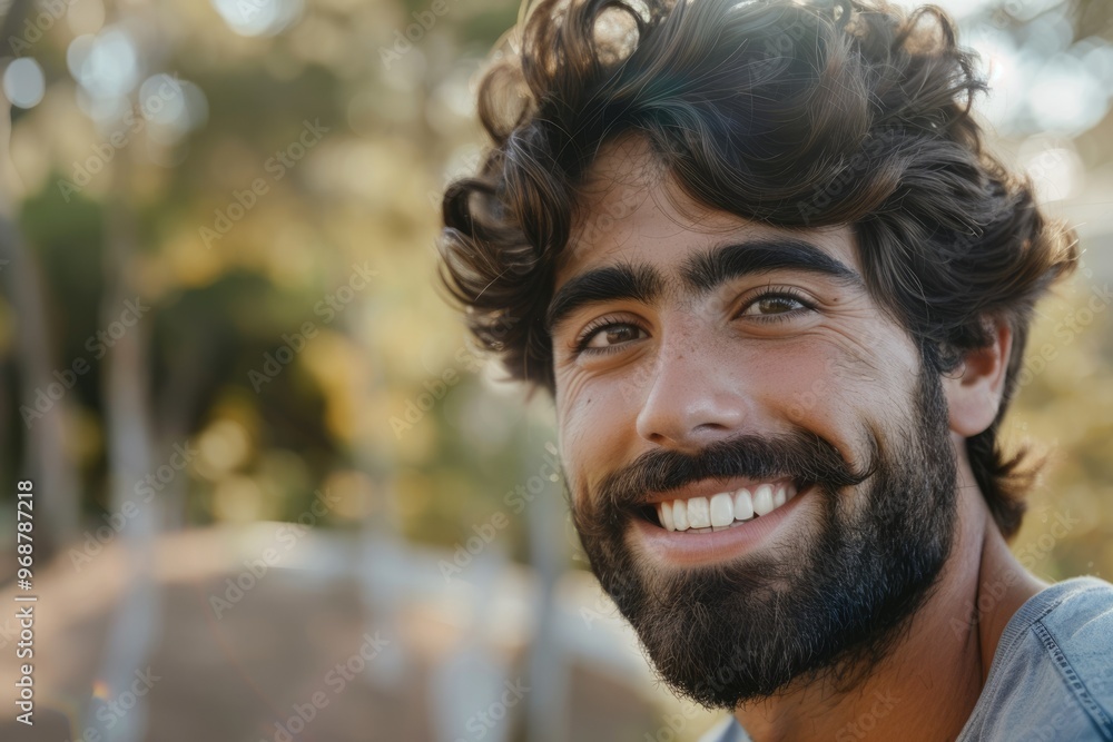 Happy Hispanic man with beard smiling outdoors. Happy Hispanic man with beard smiling outdoors.
