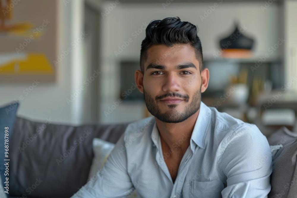 Naklejka premium Confident Indian Hispanic man posing in modern living room.
