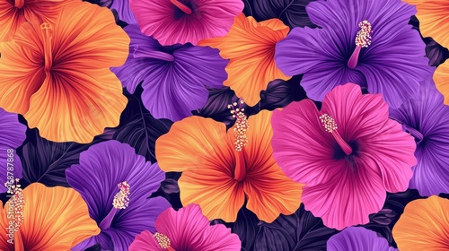 Motley seamless pattern featuring hibiscus flowers with a vibrant pink orange and purple floral design