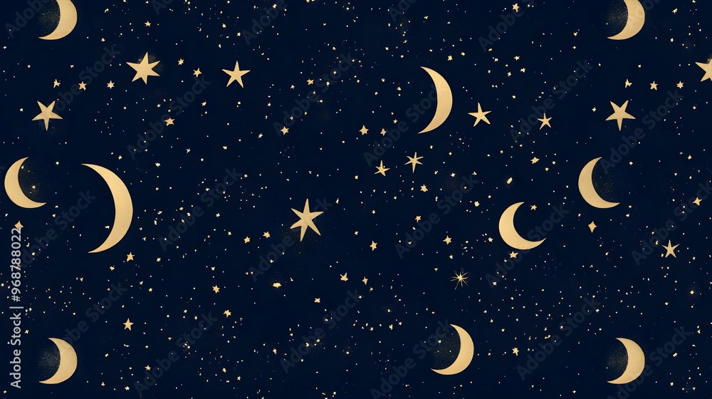 Golden Crescent Moon and Stars Pattern on Navy Blue Background Golden Crescent Moon and Stars Pattern on Navy Blue Background