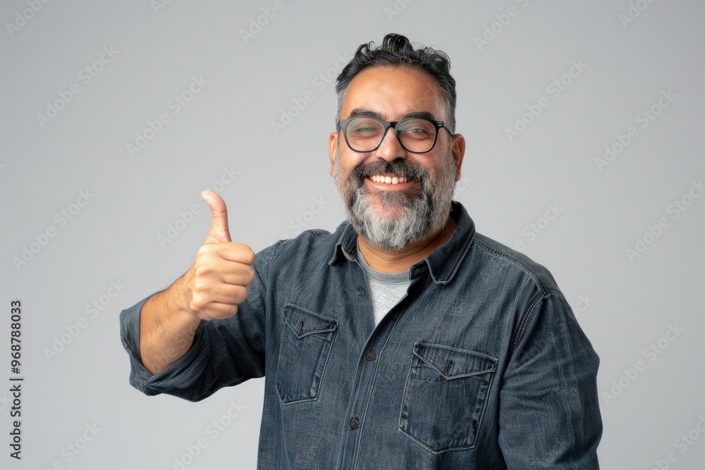 Fototapeta premium Confident Hispanic man with beard giving thumbs up.