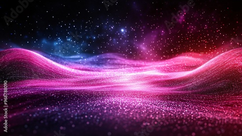 Abstract digital particles flowing in an interconnected grid-like structure symbolizing data transfer in a futuristic tech landscape Large space for text in center Stock photo with copy space