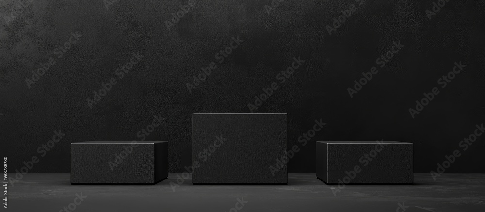 Dark black 3D background featuring three square podiums on the floor Platforms for product display in an abstract composition providing ample copy space for showcasing a black item and promotional Dark black 3D background featuring three square podiums on the floor Platforms for product display in an abstract composition providing ample copy space for showcasing a black item and promotional