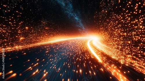 Energy lines and flowing particles create an abstract visualization of high-tech data transfer and quantum computing futuristic tech environment Large space for text in center Stock photo with copy