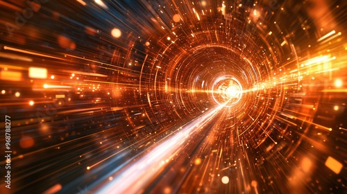 Energy lines and flowing particles create an abstract visualization of high-tech data transfer and quantum computing futuristic tech environment Large space for text in center Stock photo with copy