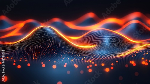 Energy lines and flowing particles create an abstract visualization of high-tech data transfer and quantum computing futuristic tech environment Large space for text in center Stock photo with copy