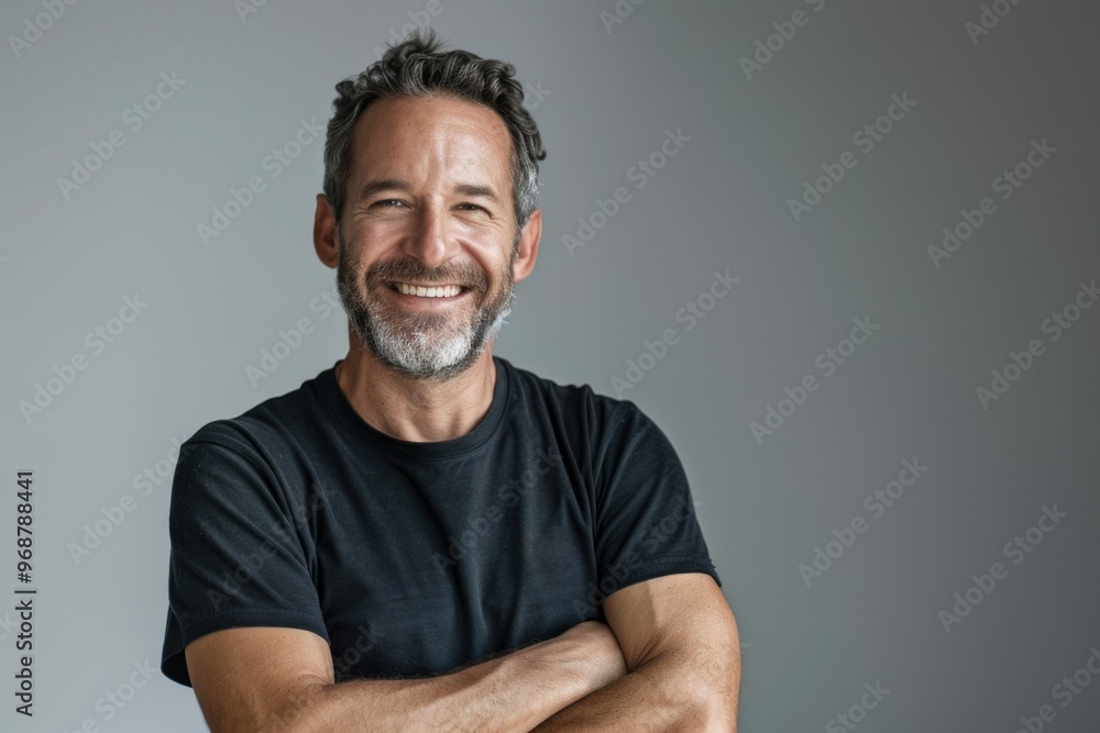 smiling man with crossed arms over gray background smiling man with crossed arms over gray background