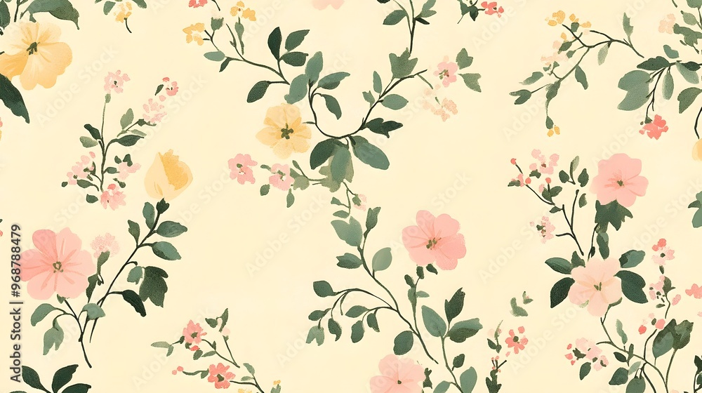 custom made wallpaper toronto digitalWatercolor Floral Pattern  Pink and Yellow Flowers  Green Leaves  Cream Background
