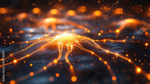 Glowing neural network web of interconnected nodes forming an abstract pattern representing AI and machine learning in a tech-driven concept Large space for text in center Stock photo with copy space