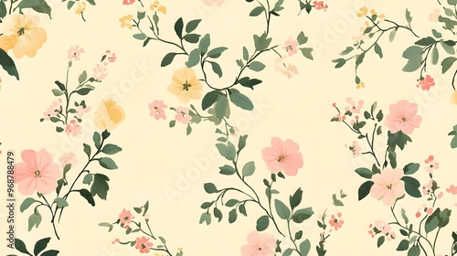 Wallpaper Mural Watercolor Floral Pattern  Pink and Yellow Flowers  Green Leaves  Cream Background Torontodigital.ca