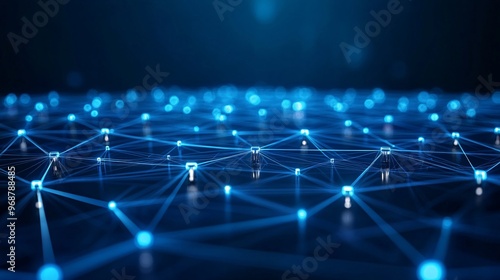 Glowing neural network web of interconnected nodes forming an abstract pattern representing AI and machine learning in a tech-driven concept Large space for text in center Stock photo with copy space