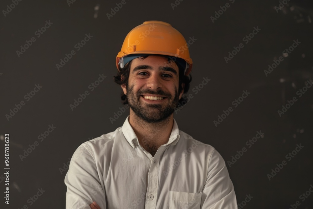 Happy young architect in safety helmet with crossed arms. Happy young architect in safety helmet with crossed arms.