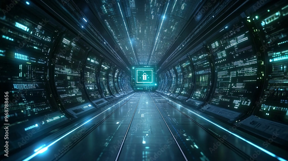 Encrypted digital matrix with floating code and locks symbolizing cybersecurity data protection with green and blue tones advanced tech background Large space for text in center Stock photo with copy Encrypted digital matrix with floating code and locks symbolizing cybersecurity data protection with green and blue tones advanced tech background Large space for text in center Stock photo with copy
