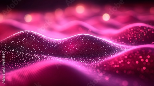Quantum computing particle waves and glowing qubits in a dynamic abstract visualization representing advanced technology and future data systems Large space for text in center Stock photo with copy