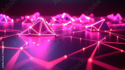 Futuristic digital grid with glowing lines and nodes representing interconnected data and technology modern tech background with neon accents Large space for text in center Stock photo with copy space