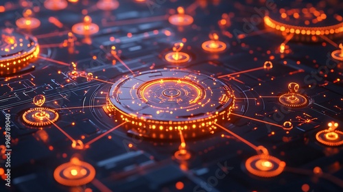 Futuristic digital grid with glowing lines and nodes representing interconnected data and technology modern tech background with neon accents Large space for text in center Stock photo with copy space