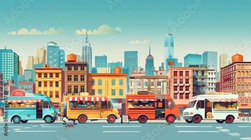 An illustrated cityscape with food trucks lined up, offering gourmet street food