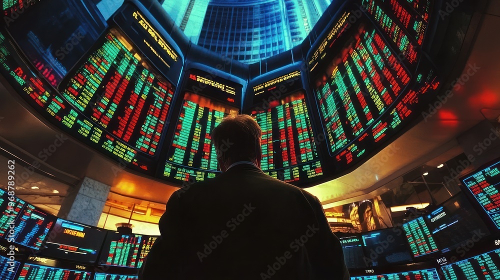 A Man Observing Stock Market Data on Monitors in a Trading Room A Man Observing Stock Market Data on Monitors in a Trading Room