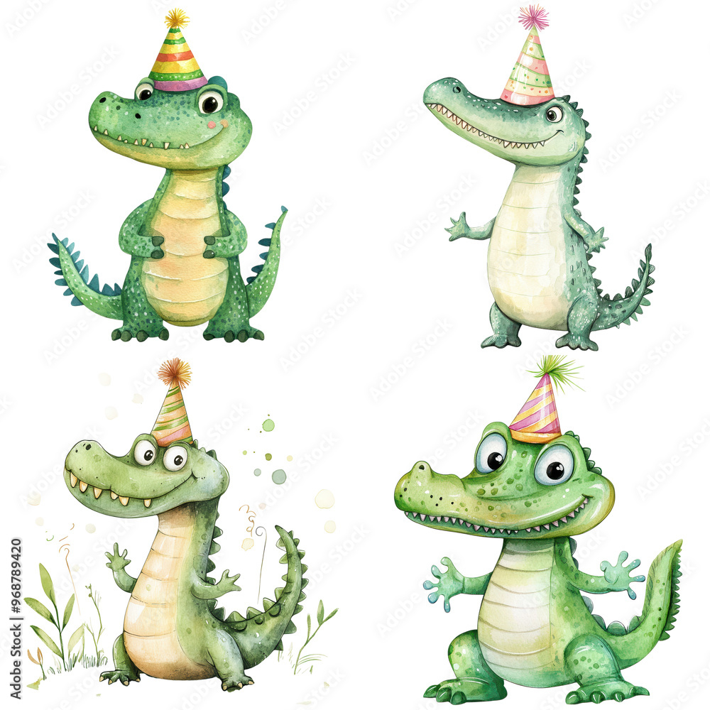 Fototapeta premium Whimsical Crocodile Illustrations in Watercolor Isolated on Transparent Background, Perfect for Children’s Books and Decor