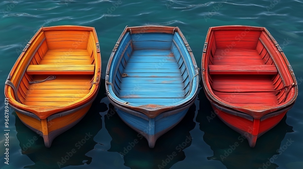 Colorful wooden boats floating in calm blue water, showcasing vibrant hues and perfect for maritime-themed projects. Colorful wooden boats floating in calm blue water, showcasing vibrant hues and perfect for maritime-themed projects.