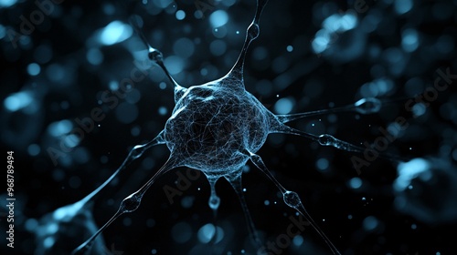 AI neural network design with glowing interconnected nodes forming an abstract web of machine learning and artificial intelligence processes Large space for text in center Stock photo with copy space