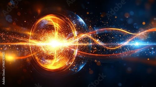 Flowing energy lines and particles creating an abstract representation of quantum computing in a futuristic high-tech landscape Large space for text in center Stock photo with copy space