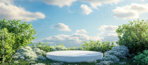 Natural podium backdrop for showcasing products with a sky background blank display mockup set in a natural environment 3D cosmetics or beauty promotion pedestal of grass plants and bushes photo