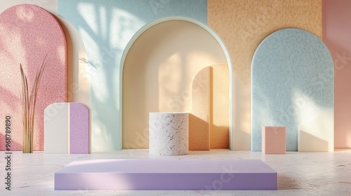 Studio featuring geometric shapes and an arch with a display podium and showcase on a pastel light background for high end products 3D rendering Architectural backdrop for product advertising and photo