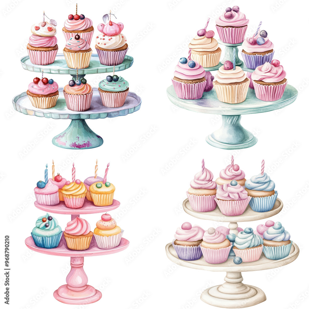 Series of Whimsical Watercolor Cakes Isolated on Transparent Background, Ideal for Bakery Art and Celebration Decor Themes Series of Whimsical Watercolor Cakes Isolated on Transparent Background, Ideal for Bakery Art and Celebration Decor Themes