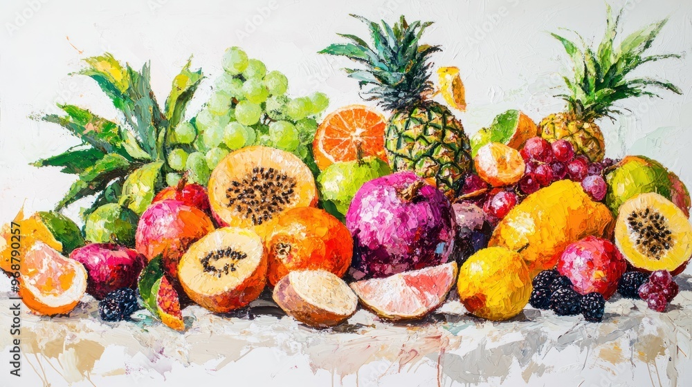 Oil Painting of a Still Life Featuring an Abundance of Colorful Fruit Oil Painting of a Still Life Featuring an Abundance of Colorful Fruit