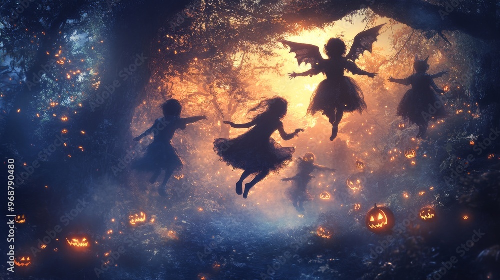 Fototapeta premium Silhouetted Children Flying Through Enchanted Forest with Jack-o'-Lanterns