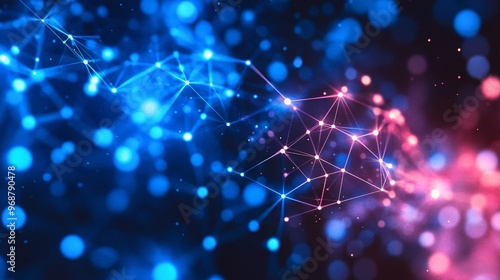 Abstract digital grid with glowing lines and neon particles representing data flow and high-tech connectivity futuristic design Large space for text in center Stock photo with copy space