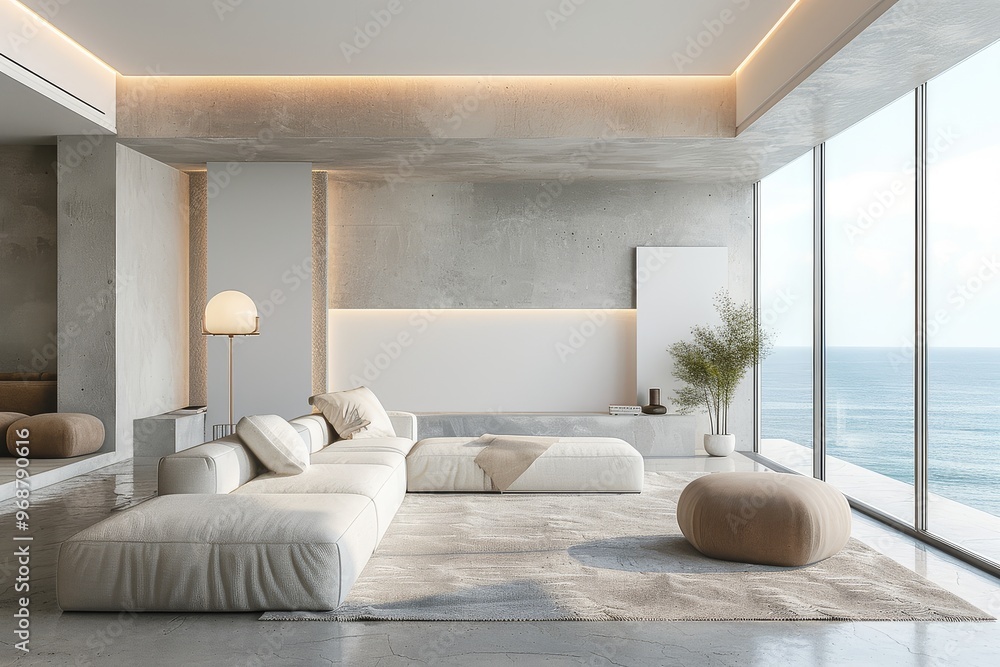 Minimal modern living room with large ocean-view windows, soft white sofa, floor lamp, and neutral beige tones. Includes empty wall mockup in modern artist style. Minimal modern living room with large ocean-view windows, soft white sofa, floor lamp, and neutral beige tones. Includes empty wall mockup in modern artist style.