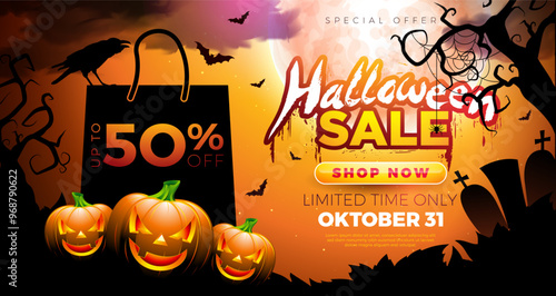 Halloween Sale Banner Illustration with Crow, Bag and Cemetery on Orange Moon Background. Vector Holiday Design Template with Typography Lettering for Offer, Coupon, Celebration Flyer, Voucher or