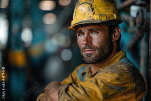 A construction worker in a yellow hardhat and work clothes looks intently at the camera.