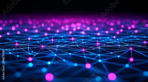 Neural network of glowing nodes interconnected with vibrant lines forming an abstract AI web futuristic tech concept Large space for text in center Stock photo with copy space
