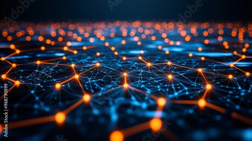 Neural network of glowing nodes interconnected with vibrant lines forming an abstract AI web futuristic tech concept Large space for text in center Stock photo with copy space