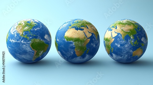 Three realistic globe models showcasing the continents and oceans, suitable for educational and environmental content.