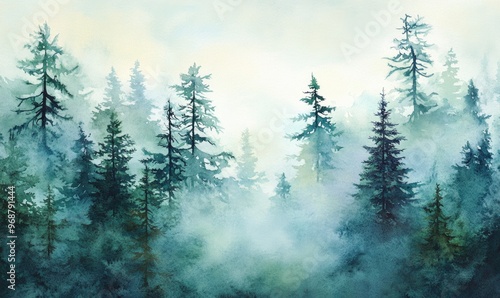 Fototapeta Naklejka Na Ścianę i Meble -  Misty forest watercolor backdrop