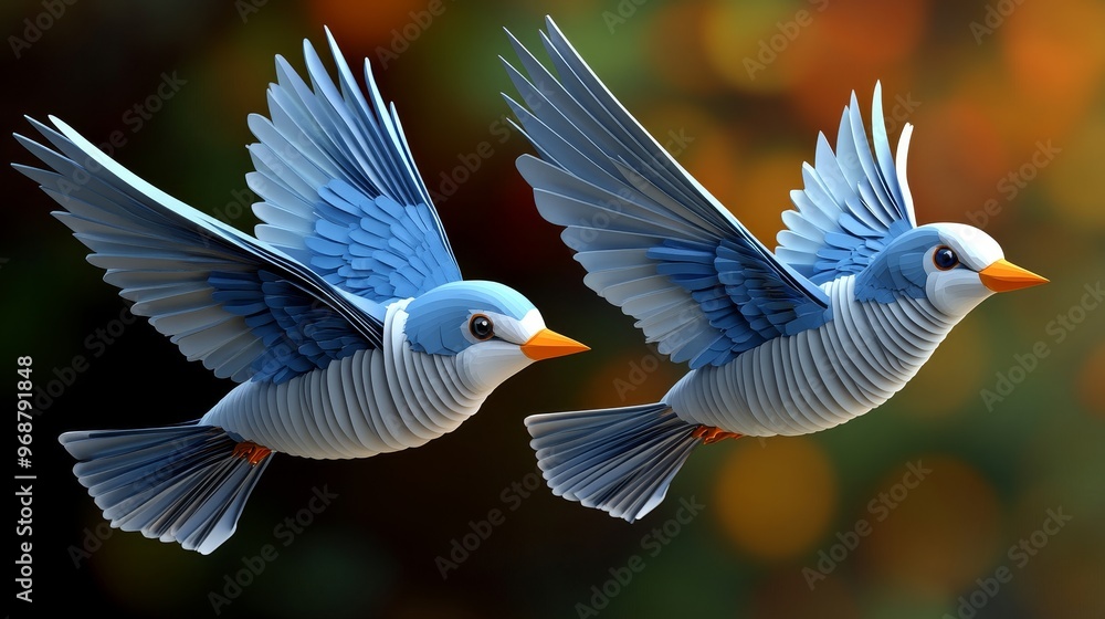Two vibrant blue birds in flight, showcasing their beautiful wings against a blurred colorful background. Two vibrant blue birds in flight, showcasing their beautiful wings against a blurred colorful background.