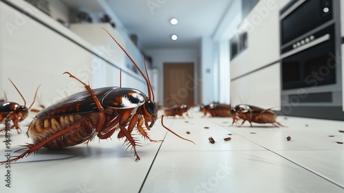 Huge cockroaches in a modern white kitchen, representing the concept of disinfection, pest control, and cleaning to eliminate insects and parasites.