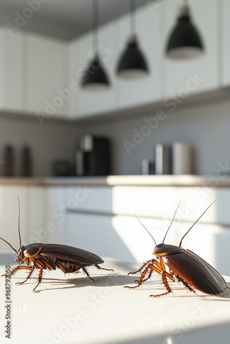 Huge cockroaches in a modern white kitchen, representing the concept of disinfection, pest control, and cleaning to eliminate insects and parasites.