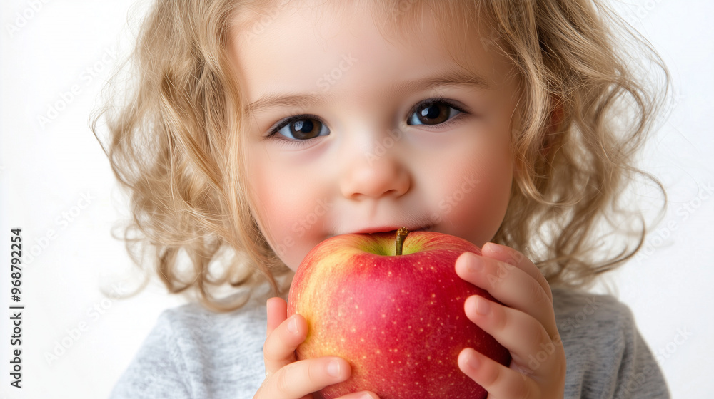 A cute child with blonde curly hair holds a large red apple and looks directly into the camera, creating a tender and cozy image A cute child with blonde curly hair holds a large red apple and looks directly into the camera, creating a tender and cozy image